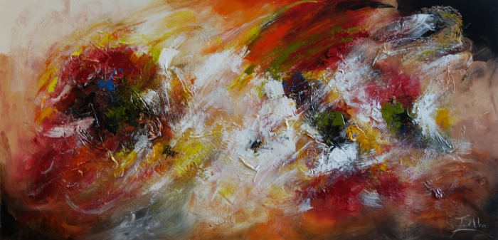 Abstract schilderij met levendige kleuren zoals rood, geel en groen, in dynamische penseelstreken op een lichte achtergrond.