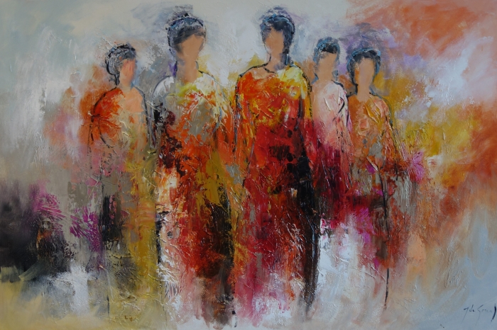 Vijf abstracte figuren in levendige tinten oranje, rood en geel, op een zachte, pastelkleurige achtergrond. Vijf abstracte figuren in levendige tinten oranje, rood en geel, op een zachte, pastelkleurige achtergrond.