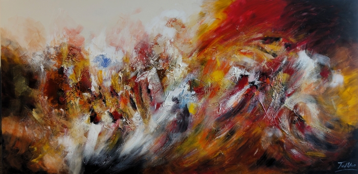 Abstract schilderij met vurige tinten van rood, oranje en geel, vermengd met donkere accenten en dynamische penseelstreken. Abstract schilderij met vurige tinten van rood, oranje en geel, vermengd met donkere accenten en dynamische penseelstreken.