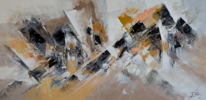Abstract kunstwerk met een dynamisch spel van zwart, wit, bruin en goud, waardoor een energieke en moderne uitstraling ontstaat. Abstract kunstwerk met een dynamisch spel van zwart, wit, bruin en goud, waardoor een energieke en moderne uitstraling ontstaat.