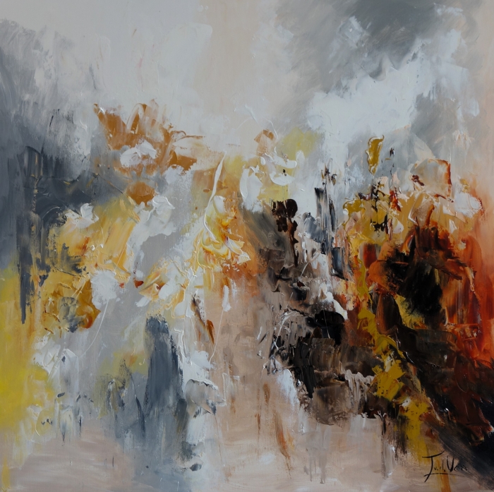 Abstracte schildering met grijze, gele en oranje tinten, verweven in dynamische penseelstreken en textuur.