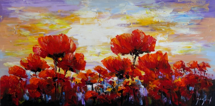 Felrode bloemen tegen een achtergrond van een zachte, gele en paarse lucht, met een dynamische penseelstreekstijl. Felrode bloemen tegen een achtergrond van een zachte, gele en paarse lucht, met een dynamische penseelstreekstijl.