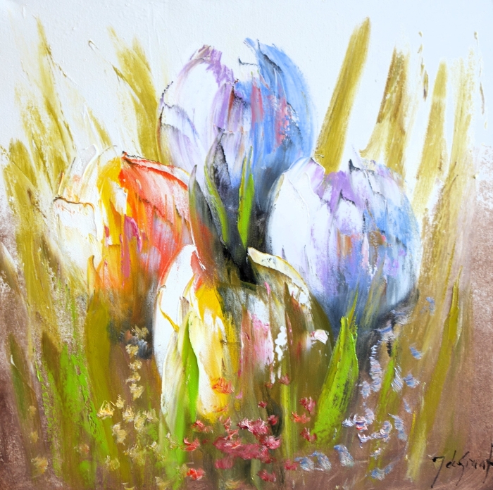 Kleurige tulpen in zachte tinten roze, paars en geel, omringd door groene bladeren en een warme, aardse achtergrond. Kleurige tulpen in zachte tinten roze, paars en geel, omringd door groene bladeren en een warme, aardse achtergrond.