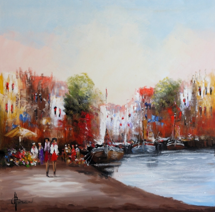 Een havenlandschap met kleurrijke gebouwen en boten, mensen in levendige kleding wandelen langs de waterkant. Een havenlandschap met kleurrijke gebouwen en boten, mensen in levendige kleding wandelen langs de waterkant.
