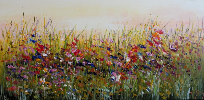 Kleurrijk bloemenveld met diverse, levendige tinten zoals rood, paars, geel en groen, afgewerkt in een impressionistische stijl. Kleurrijk bloemenveld met diverse, levendige tinten zoals rood, paars, geel en groen, afgewerkt in een impressionistische stijl.