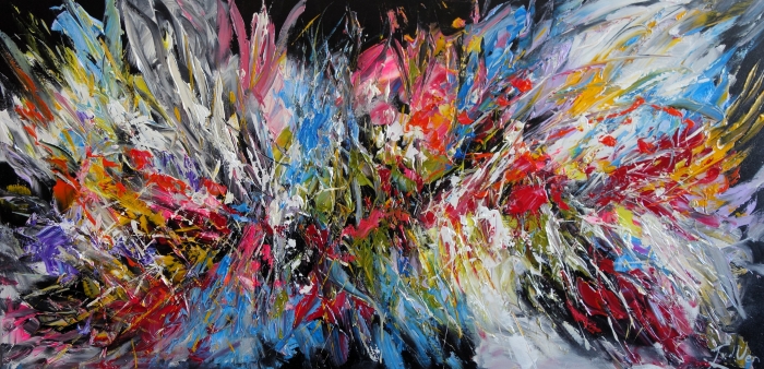 Kleurvolle abstracte compositie met felle tinten zoals rood, blauw, geel en zwart op een dynamische achtergrond.