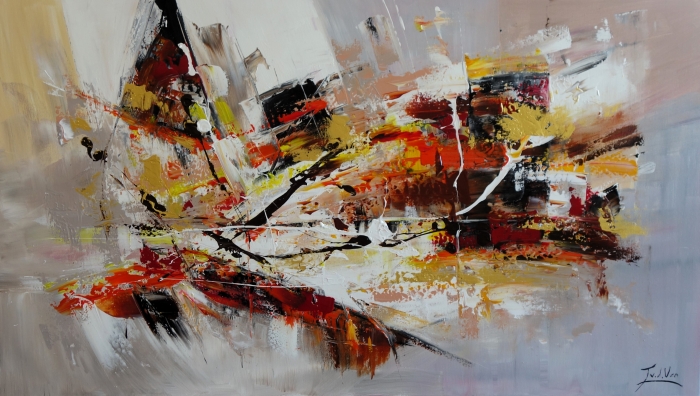 Abstract schilderij met levendige oranje, gele en zwarte penseelstreken op een neutrale achtergrond, gesigneerd in de rechteronderhoek.