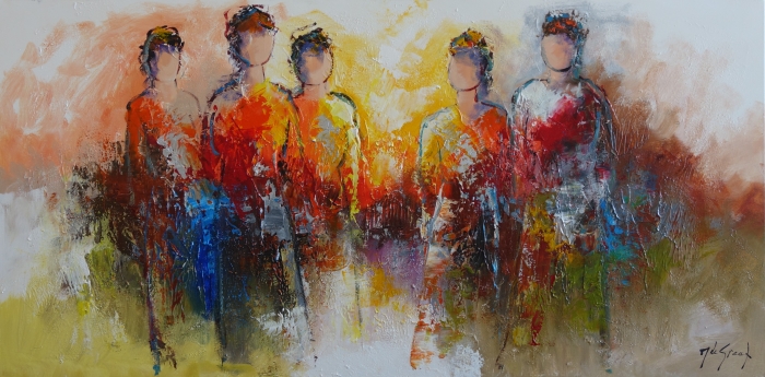 Groep van vijf abstracte figuren in levendige kleuren zoals oranje, rood en blauw, met dynamische penseelstreken en een zachte achtergrond. Groep van vijf abstracte figuren in levendige kleuren zoals oranje, rood en blauw, met dynamische penseelstreken en een zachte achtergrond.
