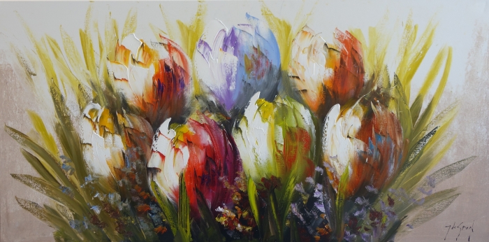 Kleurvolle tulpen in oranje, paars en wit, omringd door groene bladeren en delicate bloemen, stijlvol weergegeven met een verfijnde textuur. Kleurvolle tulpen in oranje, paars en wit, omringd door groene bladeren en delicate bloemen, stijlvol weergegeven met een verfijnde textuur.