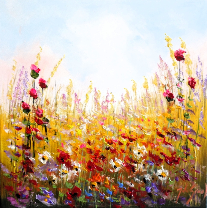 Kleurrijke bloemenweide met heldere tinten rood, geel, en paars, omringd door groene stelen en een lichte blauwe lucht. Kleurrijke bloemenweide met heldere tinten rood, geel, en paars, omringd door groene stelen en een lichte blauwe lucht.