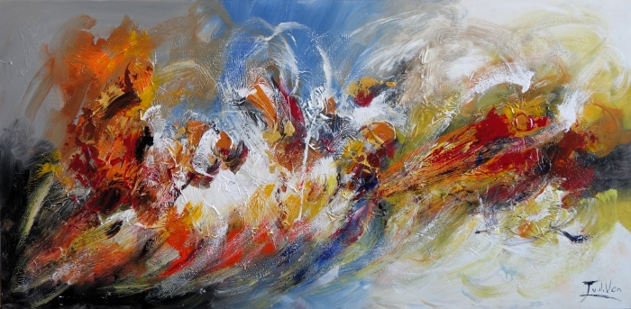 Kleurrijke abstracte schildering met vurige tinten van oranje en rood, tegen een zachte blauwe en grijze achtergrond. Kleurrijke abstracte schildering met vurige tinten van oranje en rood, tegen een zachte blauwe en grijze achtergrond.