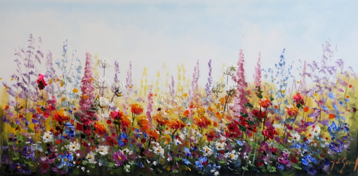 Kleurrijke bloemweide met felrode, paarse en gele bloemen, tegen een zachte blauwe lucht, vol levendige penseelstreken.