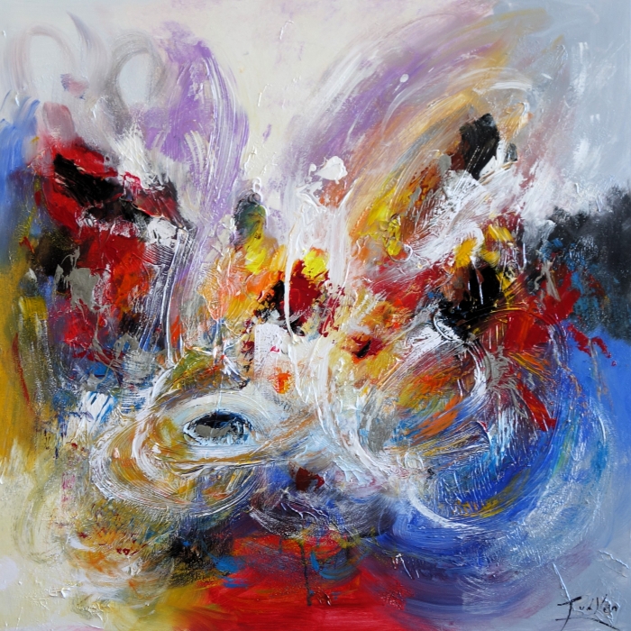 Abstracte schilderij met levendige kleuren zoals rood, geel en blauw, met dynamische kwaststreken en een speelse compositie. Abstracte schilderij met levendige kleuren zoals rood, geel en blauw, met dynamische kwaststreken en een speelse compositie.