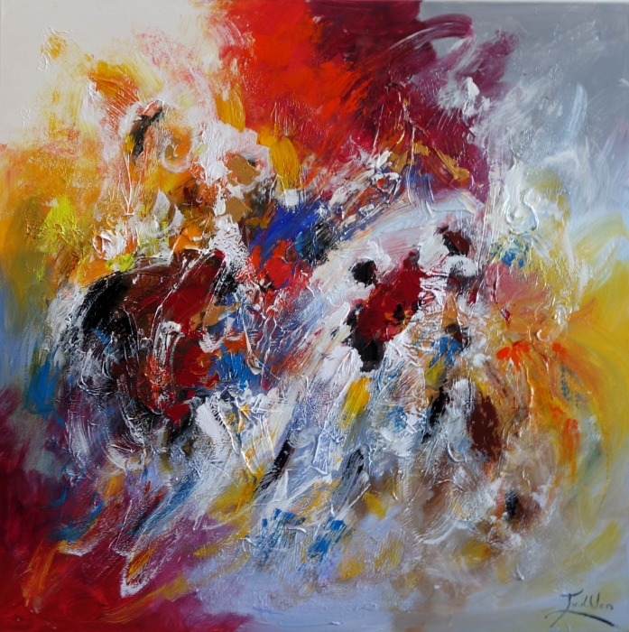 Kleurrijk abstract schilderij met vurige rood-, geel- en blauwe tinten, dynamische penseelstreken en verschillende texturen.
