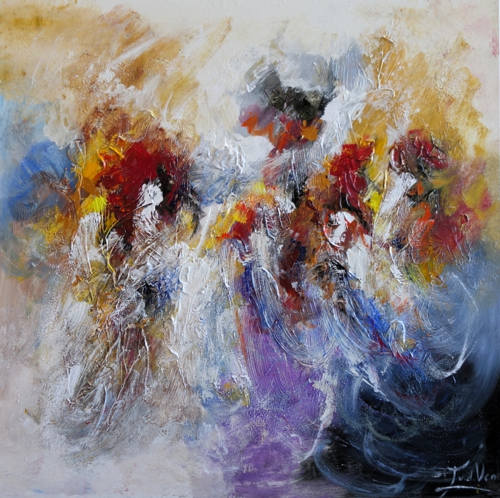 Abstracte schilderij met levendige kleuren zoals rood, geel en blauw, dynamische penseelstreken en een expressieve textuur.