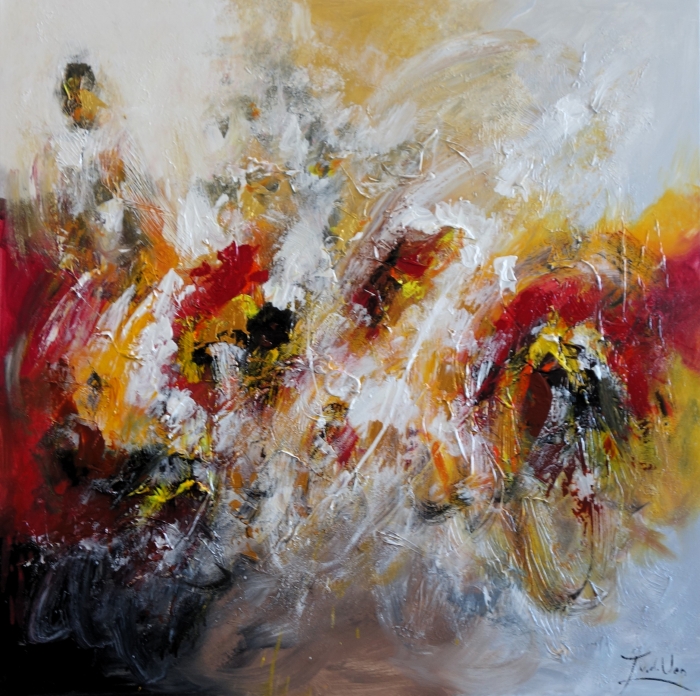 Kleurrijk abstract schilderij met vurige rode, gele en zwarte tinten op een lichte achtergrond, met dynamische textuur en beweging.