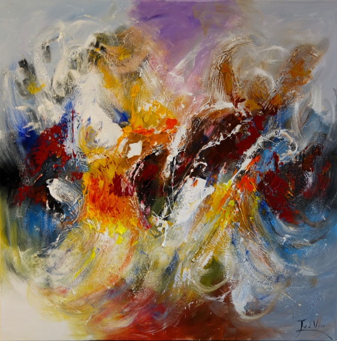 Abstracte schildering met felle kleuren als rood, oranje en blauw, gecombineerd met zachte witte en paarse tinten, die een dynamische beweging sugereert. Abstracte schildering met felle kleuren als rood, oranje en blauw, gecombineerd met zachte witte en paarse tinten, die een dynamische beweging sugereert.