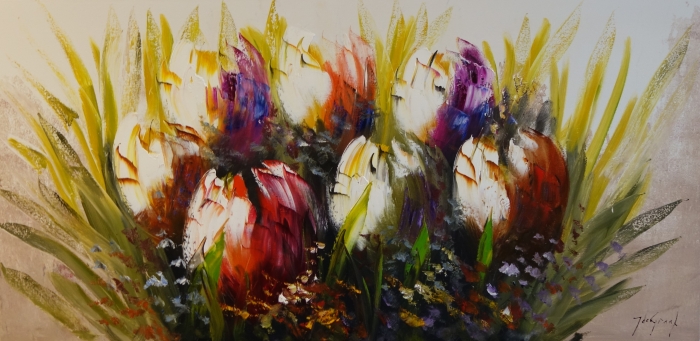 Balsamiekleurige tulpen in diverse tinten van wit, paars en rood, omringd door groene bladeren en subtiele bloempjes. Balsamiekleurige tulpen in diverse tinten van wit, paars en rood, omringd door groene bladeren en subtiele bloempjes.