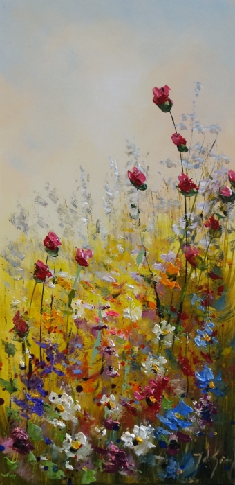 Vibrante bloemenveld met rode rozen en een variëteit aan kleuren in een dromerige, impressionistische stijl op een gele achtergrond.