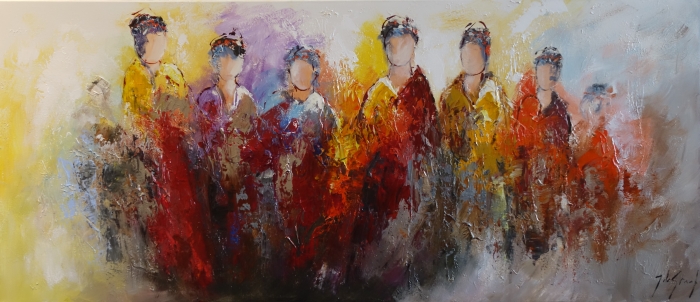 Groep abstracte figuren in levendige kleuren, variërend van rood en geel tot blauw, met onherkenbare gelaatskenmerken. Groep abstracte figuren in levendige kleuren, variërend van rood en geel tot blauw, met onherkenbare gelaatskenmerken.