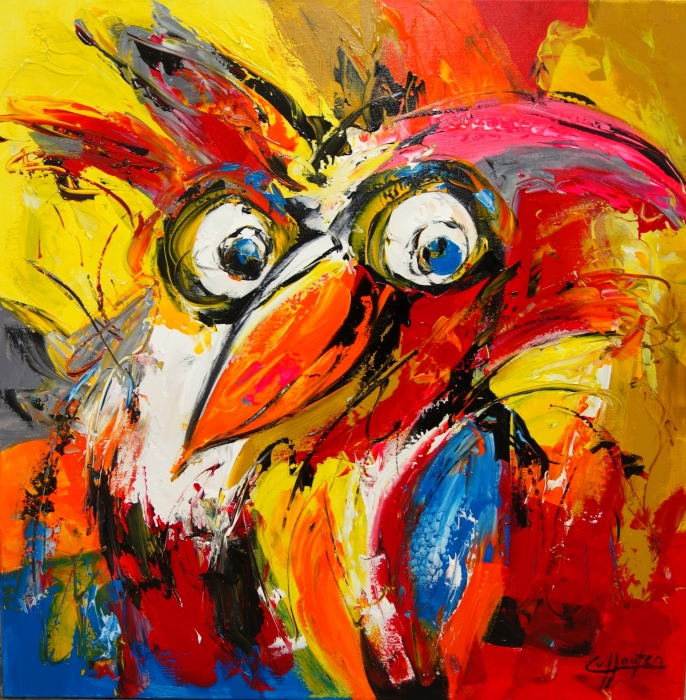 Kleurrijke abstracte schilderij van een vogel met opvallende grote ogen, omringd door levendige tinten geel, rood en blauw. Kleurrijke abstracte schilderij van een vogel met opvallende grote ogen, omringd door levendige tinten geel, rood en blauw.