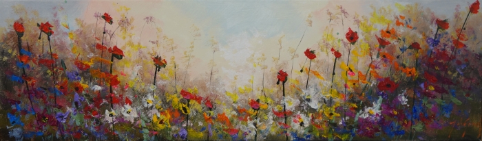 Kleurrijk abstract schilderij met bloemen in levendige rood-, geel- en paarstinten, tegen een zachte pastelachtergrond.