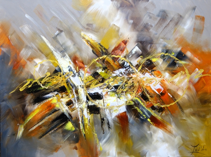 Kleurrijk abstract schilderij met dynamische borstels in geel, oranje, zwart en grijs, met sporen van beweging en textuur. Kleurrijk abstract schilderij met dynamische borstels in geel, oranje, zwart en grijs, met sporen van beweging en textuur.
