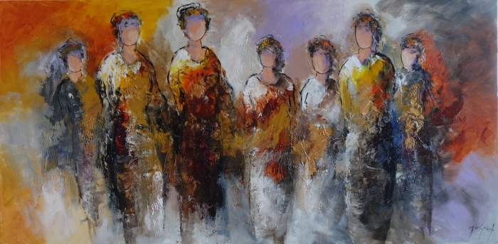Zeven abstracte figuren in warme tonen van oranje, bruin en geel, met vage gezichten en dynamische penseelstreken. Zeven abstracte figuren in warme tonen van oranje, bruin en geel, met vage gezichten en dynamische penseelstreken.