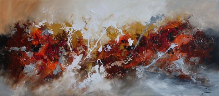 Abstracte schildering in warme tinten van rood, oranje en goud, met dynamische texturen en een lichte, neutrale achtergrond. Abstracte schildering in warme tinten van rood, oranje en goud, met dynamische texturen en een lichte, neutrale achtergrond.