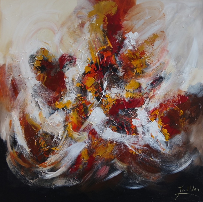 Abstract schilderij met vurige rode, oranje en gele tonen, omringd door zachte witte en zwarte accenten, dynamische penseelstreken.