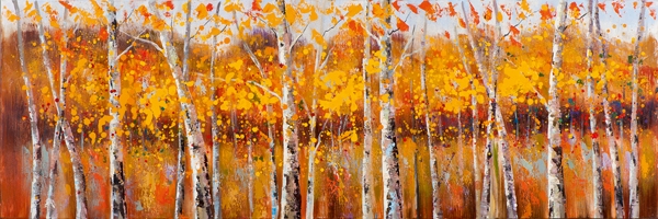 Heldere herfstlandschap met witte berkenbomen en warme tinten van gele en oranje bladeren, tegen een zachte achtergrond. Heldere herfstlandschap met witte berkenbomen en warme tinten van gele en oranje bladeren, tegen een zachte achtergrond.