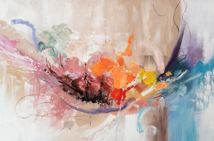 Kleurrijke abstracte compositie met oranje, roze en blauwe verfstrepen op een zachte beige achtergrond. Kleurrijke abstracte compositie met oranje, roze en blauwe verfstrepen op een zachte beige achtergrond.