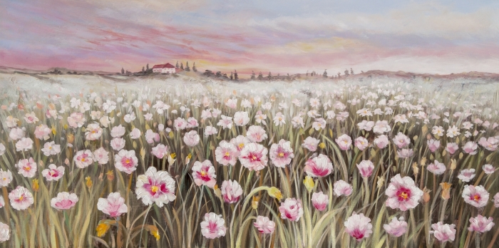 Een veld vol delicate, roze bloemen met gele accenten, omgeven door groen gras en een zachte, pastelachtige lucht. Een veld vol delicate, roze bloemen met gele accenten, omgeven door groen gras en een zachte, pastelachtige lucht.