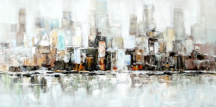Abstracte stadssilhouet met zachte, neutrale kleuren en reflecties op water, bestaande uit vlekken van bruin, blauw en wit. Abstracte stadssilhouet met zachte, neutrale kleuren en reflecties op water, bestaande uit vlekken van bruin, blauw en wit.