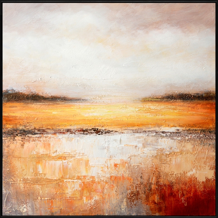 Abstract landschap met een overgang van warme oranje en gouden tinten naar koele witte en grijze schakeringen, tekstuurvol en levendig. Abstract landschap met een overgang van warme oranje en gouden tinten naar koele witte en grijze schakeringen, tekstuurvol en levendig.