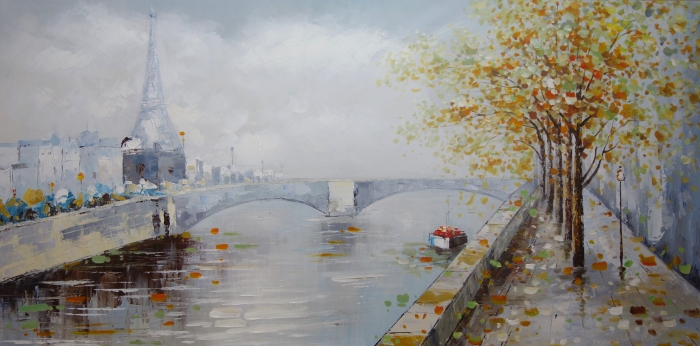 Een impressionistisch schilderij van de Seine met een herfstlandschap, kleurrijke bomen, de Eiffeltoren en een varend bootje.