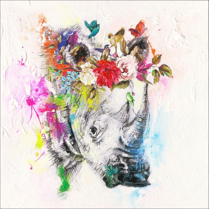 Een gekleurde tekening van een neushoorn met een bloemenkrans, omlijst door levendige kleuren en vogels op een textuur achtergrond. Een gekleurde tekening van een neushoorn met een bloemenkrans, omlijst door levendige kleuren en vogels op een textuur achtergrond.
