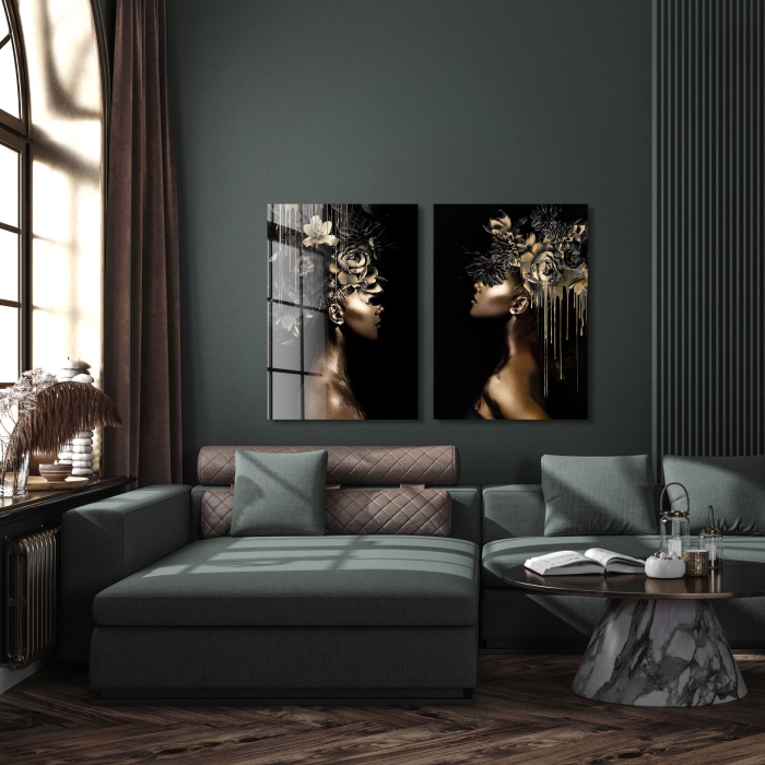 Black gold woman I op glas 70x100