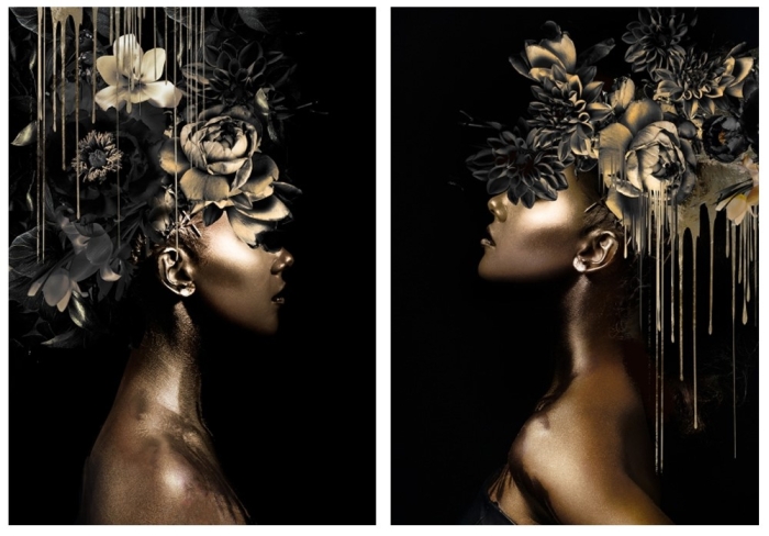 Een vrouw met een gouden huid en een bloemenkrans van zwart en goud op haar hoofd, tegen een zwarte achtergrond. Een vrouw met een gouden huid en een bloemenkrans van zwart en goud op haar hoofd, tegen een zwarte achtergrond.