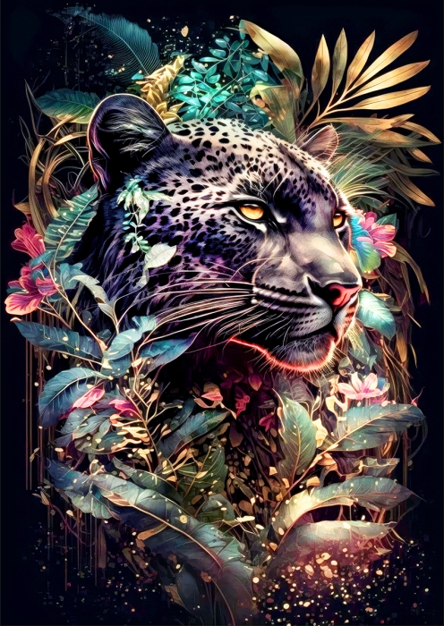 Een majestueuze zwarte panter met felgele ogen, omringd door levendige groene bladeren en kleurrijke bloemen. Een majestueuze zwarte panter met felgele ogen, omringd door levendige groene bladeren en kleurrijke bloemen.
