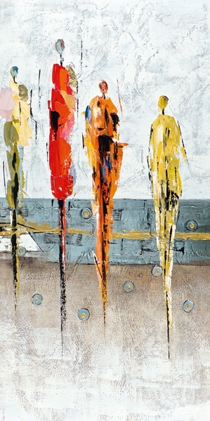 Vijf abstracte figuren in levendige kleuren zoals rood, oranje en geel, tegen een lichte achtergrond met een kustachtige sfeer. Vijf abstracte figuren in levendige kleuren zoals rood, oranje en geel, tegen een lichte achtergrond met een kustachtige sfeer.