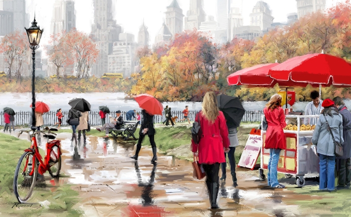 Herfstwandeling met mensen onder kleurrijke parasols, een rode fiets en een kraam met lekkernijen aan een reflecterende plas. Herfstwandeling met mensen onder kleurrijke parasols, een rode fiets en een kraam met lekkernijen aan een reflecterende plas.