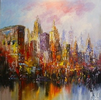 Een kleurrijk impressionistisch schilderij van een stad bij zonsondergang, met reflecties in het water en een warme gloed van oranje, paars en geel.