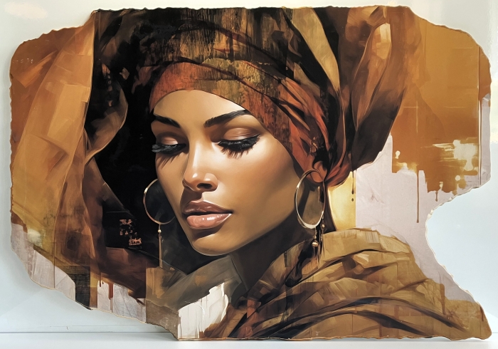 Een jonge vrouw met een rijke bruine hoofddoek en grote gouden oorbellen, tegen een warme, abstracte achtergrond. Een jonge vrouw met een rijke bruine hoofddoek en grote gouden oorbellen, tegen een warme, abstracte achtergrond.