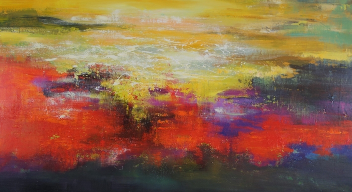 Abstracte schildering met vurige oranje, rode en paarse tinten, afgezet tegen een warme gele achtergrond. Abstracte schildering met vurige oranje, rode en paarse tinten, afgezet tegen een warme gele achtergrond.