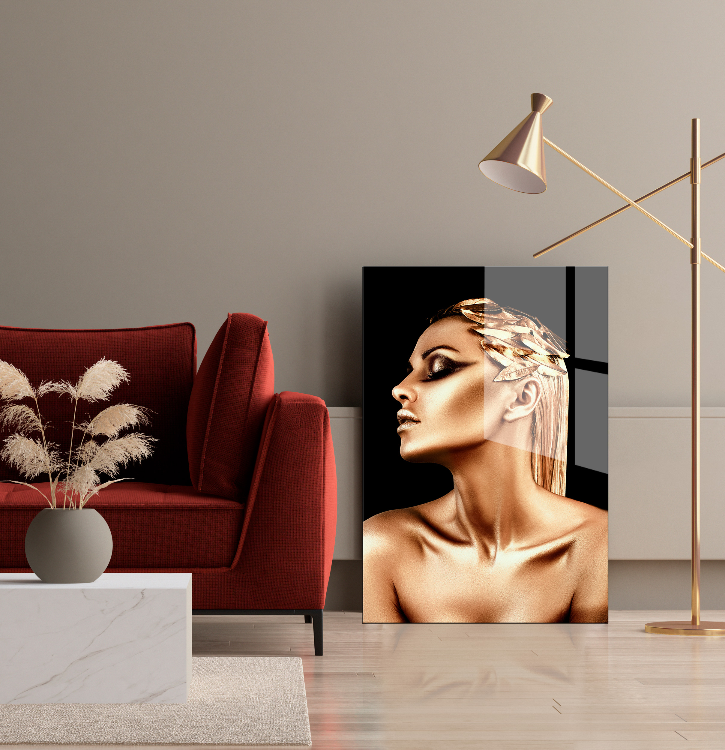 Woman with feathers op glas 70x100