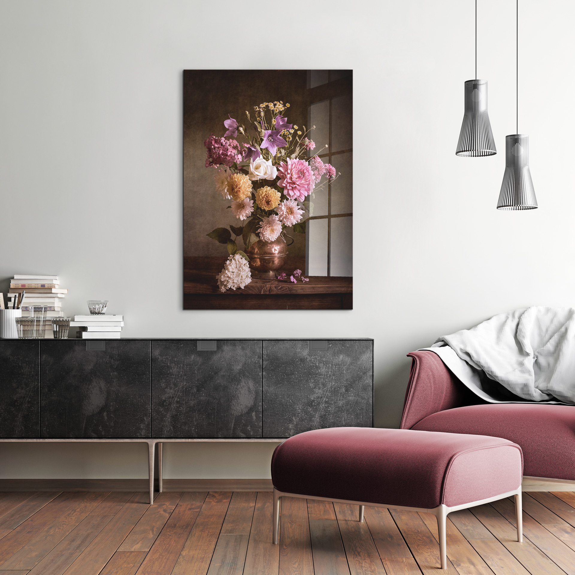 Flower bouquet op glas 70x100