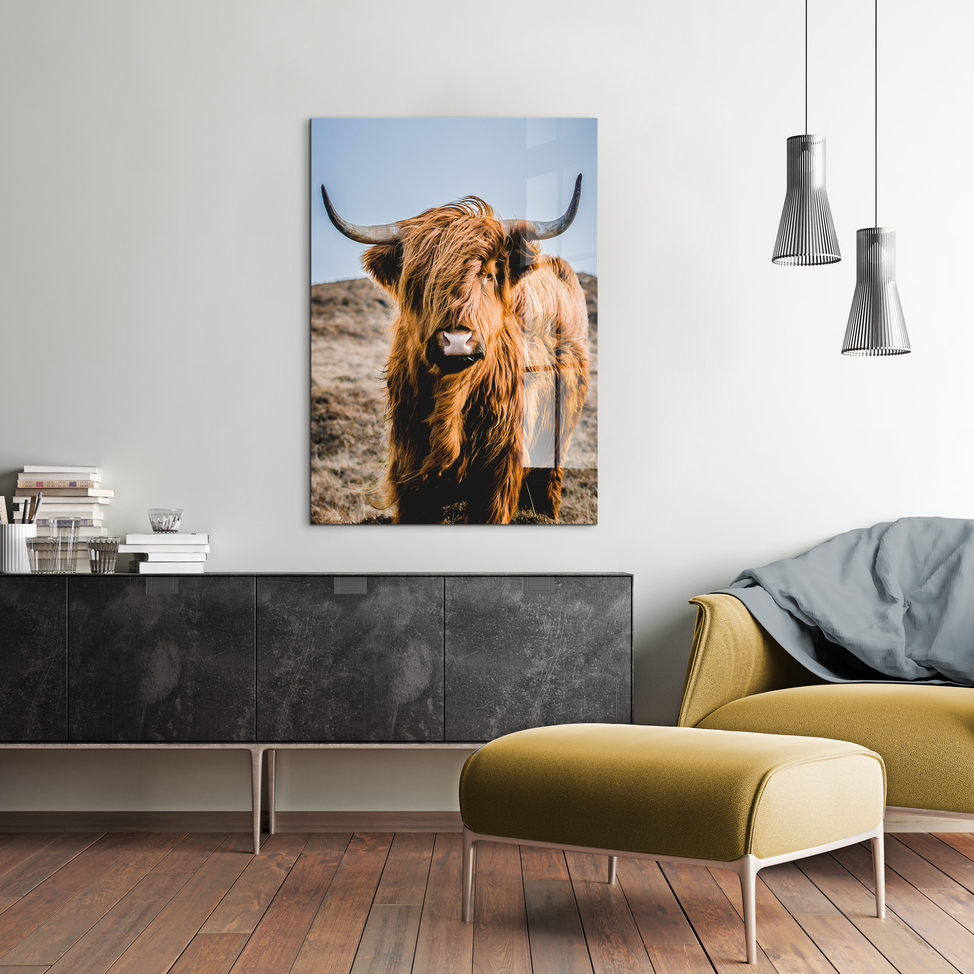 Schotse hooglander op glas 70x100