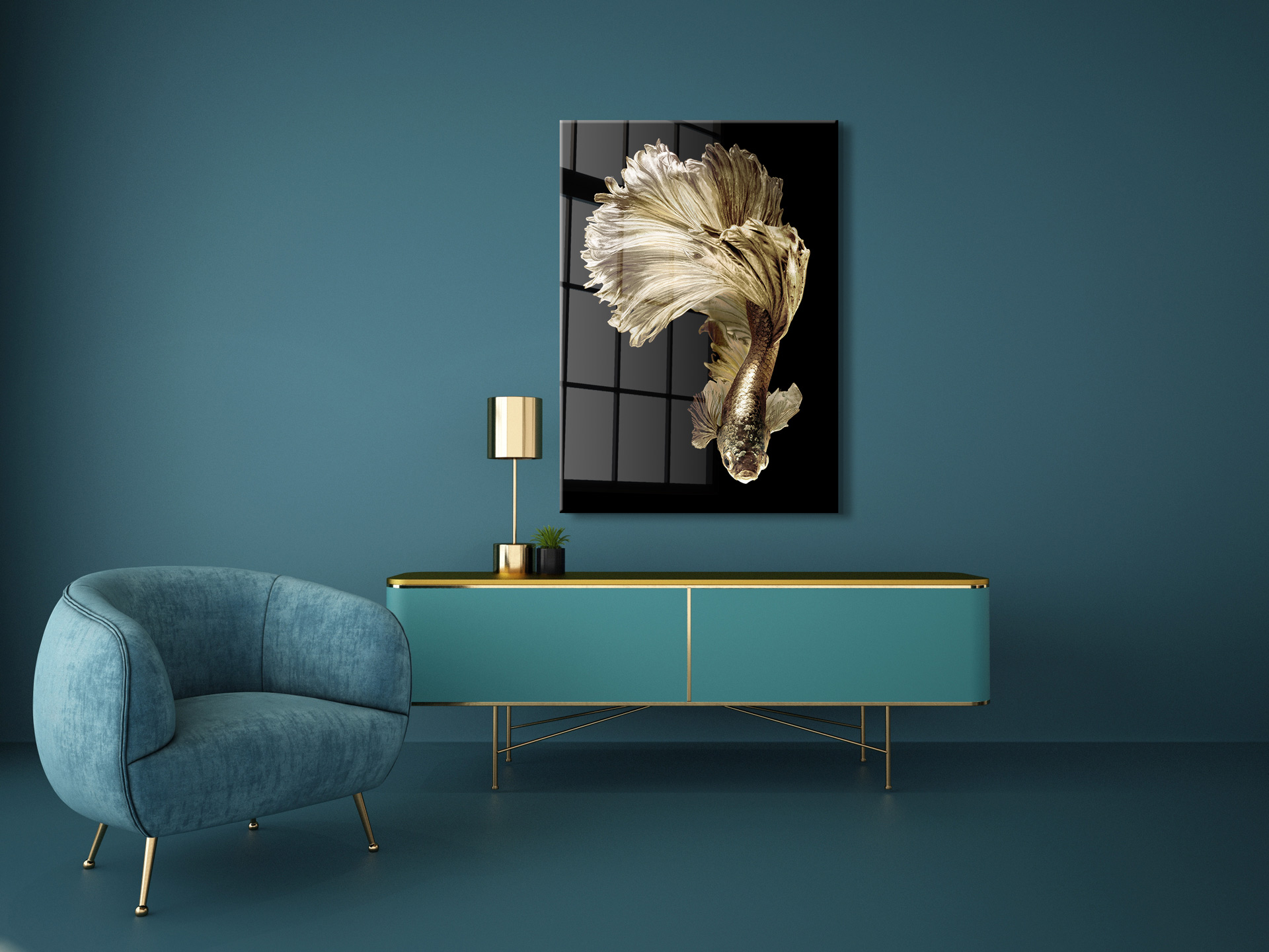 Goudvis op glas 70x100