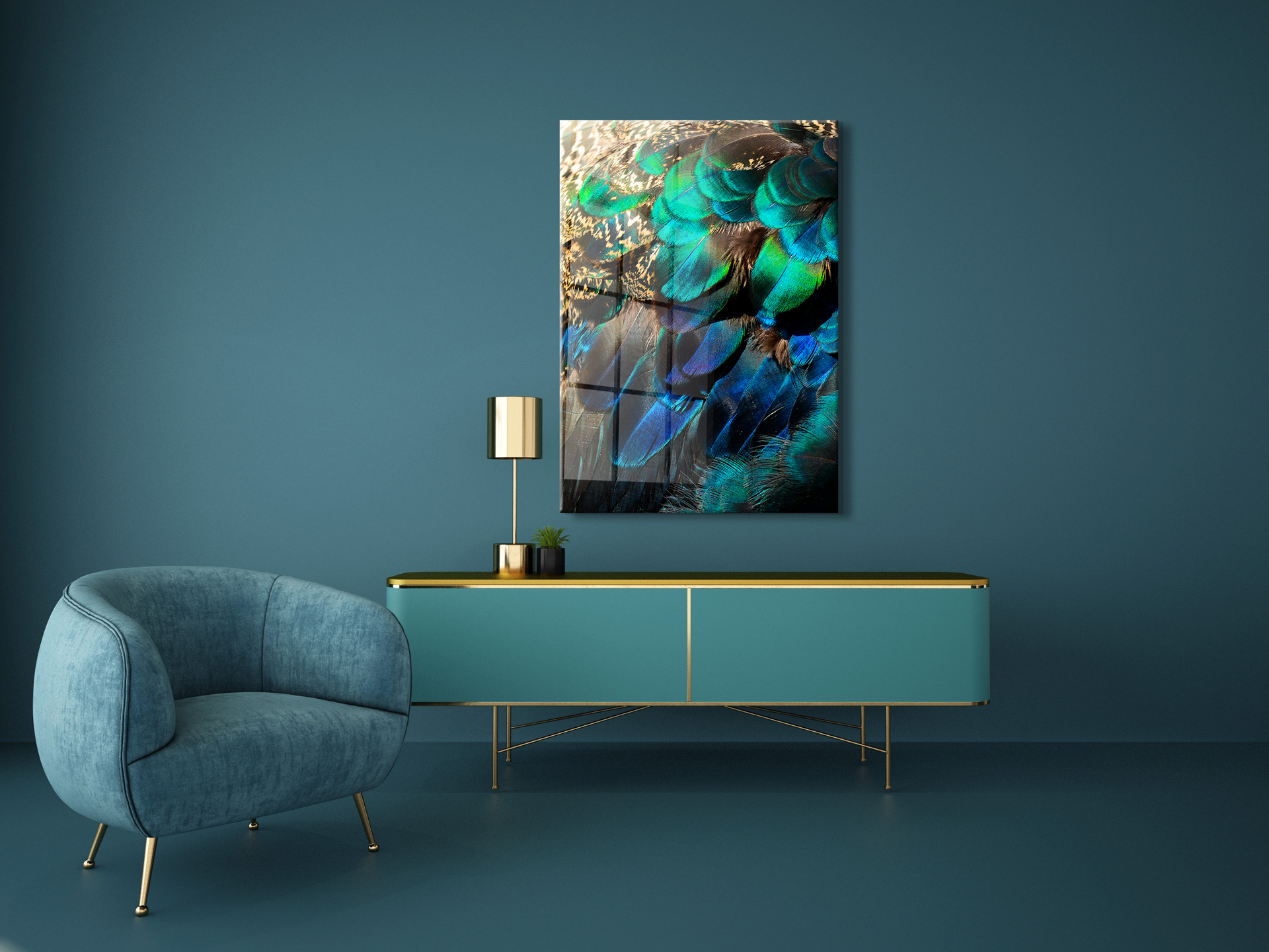 Pauw veren op glas 70x100